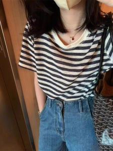 Áo Thun Cotton Lanh Sọc Cổ Tròn Tay Ngắn Mùa Hè Mỏng Rộng Rãi Thoải Mái Thường Ngày Phong Cách Hàn Quốc Dài Vừa Phải