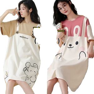 Summer Sleep Dress Womens Loose Cute Home Clothes Rabbit Print Short Sleeve round Neck mid Dress Length Polyester Fiber