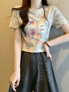 Short Sleeve T-Shirt Womens Summer New Style American Dyed Print Shoulder Length Slim Fit Mini Top Body Shirt Korean Style