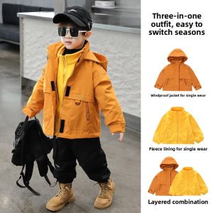 Fleece Lined Three-in-One Detachable Boys Autumn Winter Jacket Childrens Outdoor Clothing Warm Sporty Style Kids Coat