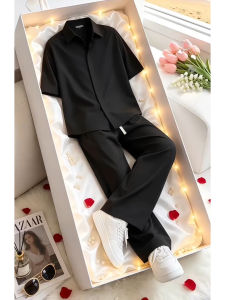 Summer Lightweight Business Set Mens Outfit Thin Ice Silk Shirt with Trousers 2 Pieces
