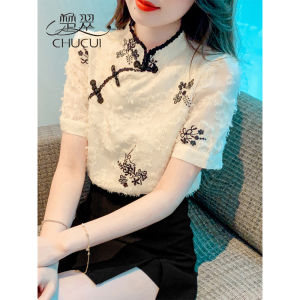 Retro Button up Short Sleeve Lace Shirt Womens Modified Qipao New Chinese Style Commute Elegant Slim Fit Embroidered Blouse