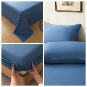 4Pcs Sheet Set Pure Cotton Mattress Cover Deep Pocket Fitted Sheet+Flat Sheet+Pillowcase Solid Blue Us Queen Home Hotel Bedding