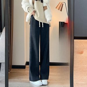 LANGPIN | Lamb Velvet Wide Leg Pants Women Autumn Winter Warm European Cotton Thick Casual Floor Length Fleece Lined Stripe Corduroy