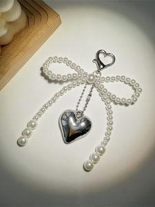 Elegance Fashion Bowknot Artificial Pearl Heart Pendant Mobile Phone Charm Easiest for Match Exquisite Small Gift Bag with Ornaments