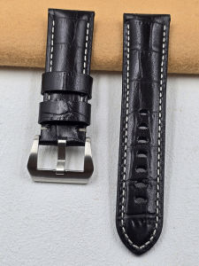  Style Watch Band 24mm Black Bamboo Texture Retro Thick Handmade Top Layer Cowhide Pin Buckle Strap for Wristwatch