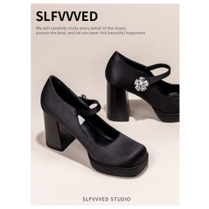 SLFVVVED Thick Heel Mary Janes Womens Shoes Spring Autumn New Style Square Head One Strap Waterproof Platform High Heel Chunky Heel Single Shoes