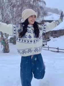 Thickened Double Zipper Knitted Christmas Sweater Coat Womens Autumn Winter Vintage Fair Isle Blue White Retro Style Cardigan