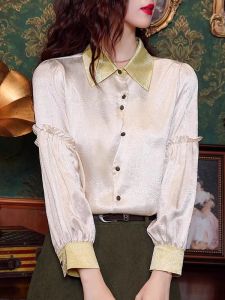 Elegant Long Sleeve Satin Shirt Womens Spring Autumn Fashion Top Trendy Business Casual Loose Fit Button up Korean Style