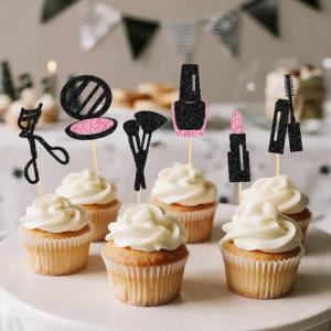 YOMDID 24Pcs Glitter Makeup Cake Toppers Mascara Lipstick Cupcake Toppers Makeup Brushes Cosmetics Picks for Birthday Decoration