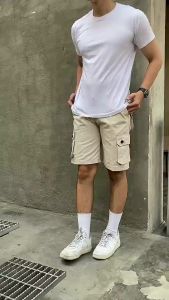 Celana Cargo Pendek Pria Bahan Cotton Twill Cream - Short Cargo Pants Steigen - Celana Kargo Basic