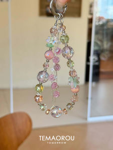 Handmade Pink Rose Bud Crystal Beads Mobile Phone Chain for Women Sweet Unique Hanging Decoration Accessories Floral Theme