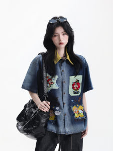 zuocisankon | American Vintage Cartoon Applique Washed Denim Shirt