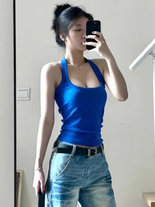 Áo Ba Lỗ Cổ Treo Màu Xanh Klein Cổ Điển Mỹ Cho Nữ Mùa Hè Áo Khoác Ngoài Áo Bó Sát Áo Ba Lỗ Nữ Áo Ba Lỗ Bó Sát Áo Ba Lỗ Ngắn