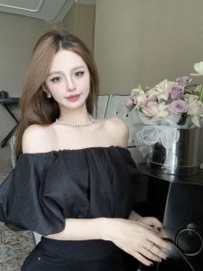 GUZILIAN | Elegant Short Silk Shirt Womens Summer New Style Floral Edge Pleated French White Top Sweet Style Loose Fit No Sleeve One Shoulder