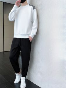 ROMON | Romon Mens Casual Sportswear Set Spring Autumn Loose Printed Round Neck Sweatshirt Easy Match Two Pieces Cotton Polyester Blend