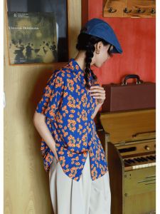Blue Retro Hong Kong Style Chic Short Sleeve Chiffon Floral Shirt Womens Summer Shirt Loose Design Casual Tops