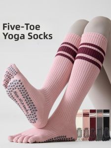 JINGCHI | Pure Cotton Yoga Socks Womens Long Tube Pilates Anti-slip Pressure Leggings Sport Separate Toe Socks Candy Color Striped High Tub