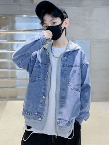 Trendy Denim Jacket for Boys Spring Autumn Casual Hooded Double Button Cotton Polyester Blend Comfortable Street Style Kids Clothes