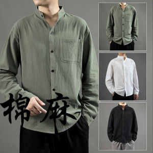 Linen Cotton Casual Shirt Mens Long Sleeve Summer Thin Loose Black Top Style Six-Seven Sleeve Trendy Fashion Youth Popular