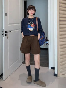 Quần Short Ống Rộng Cạp Cao Màu Nâu Thường Ngày Cho Nữ Mùa Hè Cỡ Lớn Quần Ống Đứng Chữ a Quần Dài Năm Điểm Đa Năng