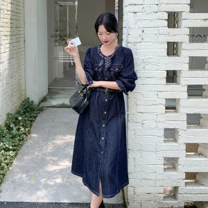 Slimming Denim Blue Vintage Goddess Style Waist-Cinching Dress Womens Autumn 2025 New High Waist Shirt Dress Casual Leisure