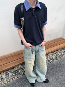 เสื้อโปโลแขนสั้นสีน้ำเงินเข้ม 2 ชิ้นปลอม ทรงหลวม ปกติ ฤดูร้อน 2025 ผ้าฝ้ายผสมโพลีเอสเตอร์ ปกติ แขนสั้น ปกติ