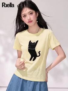 puella | Summer New Korean Style Beaded Cat Pattern Short Sleeve Knit Top