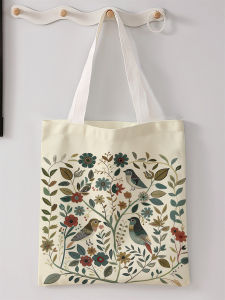 Bird and flower pattern printed casual handbag reusable fashionable backpack multifunctional handbag canvas shopping bag