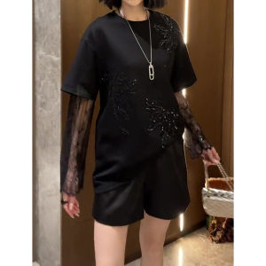 Stylish Dignified Fake Two-piece Plus-size Loose Glitter Long-sleeve T-shirt