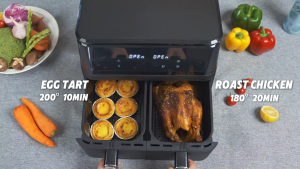 หม้อทอดไร้น้ำมันขนาดใหญ่  Air fryer 10L สีดำ พร้อมตะกร้าทอดคู่ไม่ติดกระทะ หน้าจอสัมผัส ระบบโซนคู่ ตะกร้าทอดแยกอิสระ 2 ใบ ปรับอุณหภูมิและตั้งเวลาได้ เหมาะสำหรับการย่าง อบ และทอด