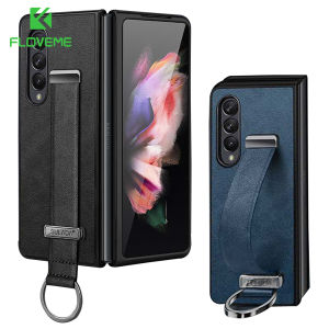 FLOVEME Slim Leather Phone Case For Samsung Galaxy Z Fold 5 Fold 4 Fold 3 Fold 2 5G with Retractable Wristband Hand Strap Kickstand Metal Ring Camera Lens Protection Back Cover For Galaxy Z Fold 5 Fold 4 Fold 3 Fold 2