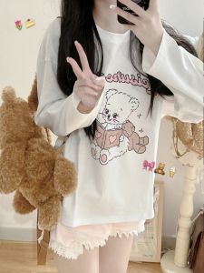100% Pure Cotton Long Sleeve Loose Fit round Neck T-Shirt Womens Top Sweet Lazy Walking Bear Print Comfortable Korean Style