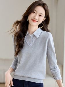 Womens Knitted Long Sleeve Polo Collar Fake Two-Piece Sweater Spring Autumn Winter Inner Wear Base Shirt Top High End Feeling