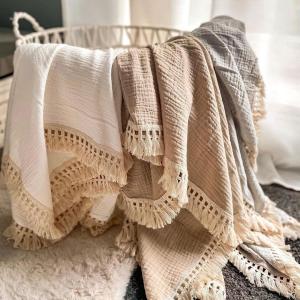 Cotton Muslin Baby Blanket Scarf with Tassels