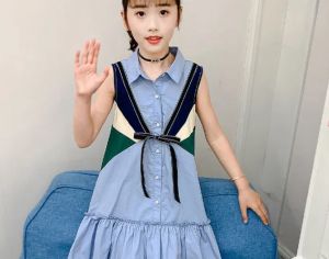 KYII Girls summer sleeveless dress Shirt Collar Dress kyii0187