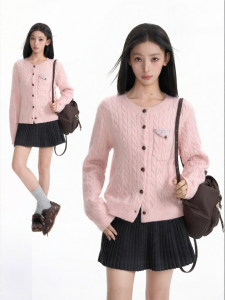 BAIDAIFEI | Áo Sweater Knit Dài Tay Ôm Phối Dây Hồng