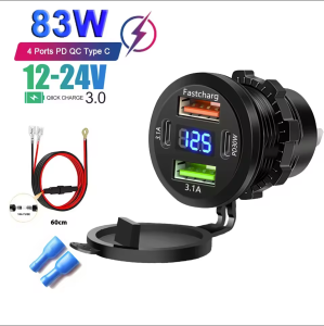83W Dual Pd Dual Usb 3.1A Usb Car Charger with Voltmeter Power Socket Adapter Waterproof 12V/24V Hot Selling for Cars and Boats