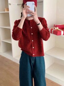 Korean Style Vintage Dot Knitted round Neck Single Button Sweater Cardigan Womens Fashion Outerwear 2024 New Arrival