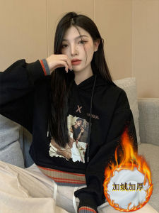 Áo Nỉ Trùm Đầu Dệt Kim Cổ Điển Mỹ Cho Nữ Dáng Rộng Ngắn Mùa Xuân Thu Có Dây Rút Áo Nỉ Trùm Đầu in Họa Tiết Phong Cách Hàn Quốc