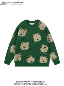 American Retro Cartoon Dog Knitted Sweater Loose Fit Dyeing Year Couples Casual Long Sleeve round Neck Knitwear for Teens