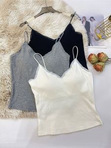 Áo Ba Lỗ Cotton Ren Viền Cổ Chữ V Có Đệm Ngực Áo Ba Lỗ Ôm Vừa Vặn Màu Trắng Tinh Khiết Áo Lót Cotton Có Dây Đeo Cố Định