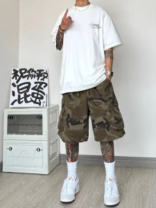 Quần Short Nam Dáng Rộng Mùa Hè Phong Cách Đường Phố Quần Nỉ Cỡ Lớn 300 Pound Quần Cargo Kẻ Sọc Cạp Vừa