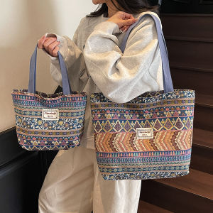 Fashionable Large Capacity Womens Tote Bag 2025 New Style Single Shoulder Handbag Ethnic Trend Soft Canvas Geometric Pattern