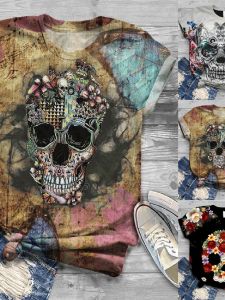 Versatile Printed Casual Womens T-shirt Street Style Slim Fit Short Sleeve round Neck Moisture Wicking Polyester Summer Top