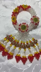 พวงมาลัยคริสตัลลายข้าวหลามตัดสีแดงเหลือง อุบะร้อยคริสตัล 2 ชั้น ดอกยกลอย อุบะร้อยคริสตัล 9 ชาย