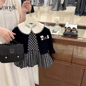 ชุดเดรสผ้าถักแฟชั่นฤดูใบไม้ร่วงสำหรับเด็กผู้หญิง ชุดเดรสผ้าฝ้ายลายสก็อตแขนยาวสไตล์เกาหลี ชุดเด็กนักเรียนประถม