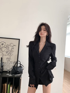 Black Striped Blazer Collar Long Sleeve Shirt Women Korean Style Waist-Cinched Chic Shirt