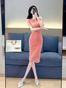 Lace Dress Fancy 2024 Summer New Arrival Elegant Socialite Retro Silm Slim Looking Mid Length Long Length Bodycon Dress
