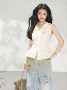 KEIKO | Stylish Summer Sleeveless Navy Collar Embroidered 100% Cotton Shirt